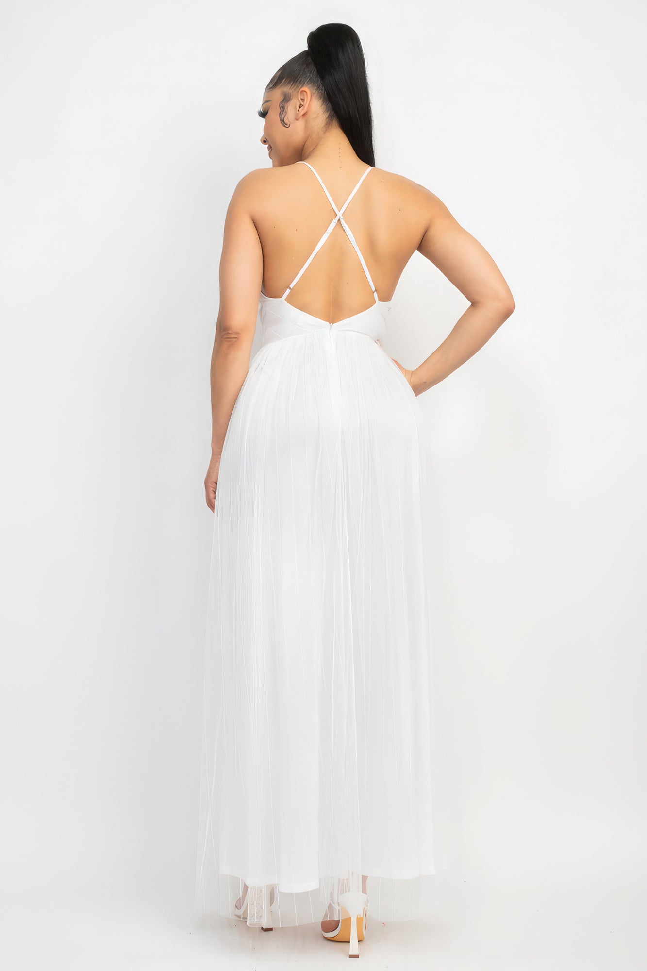 Pleated Mesh Slit Maxi Dress