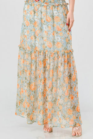 Floral Chiffon Off Shoulder Smocked Back Ruffled Tiered Maxi Dress